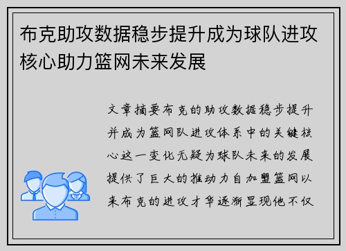 布克助攻数据稳步提升成为球队进攻核心助力篮网未来发展